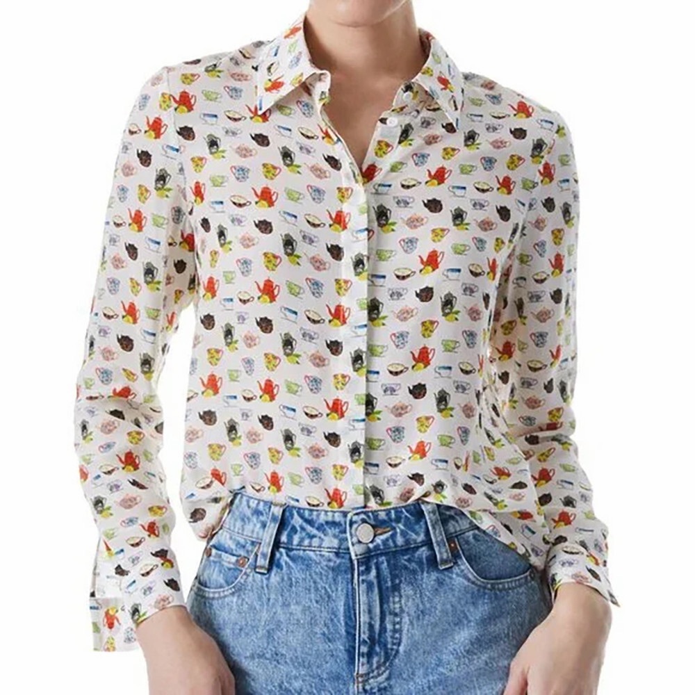 Alice + Olivia Willa Tea Party Silk Blouse Top Teapot White Button Down L